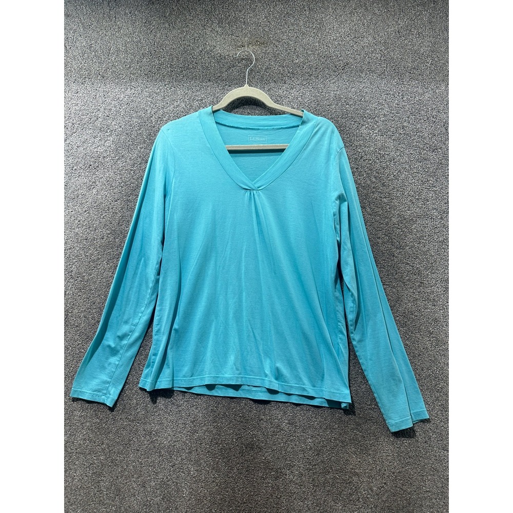LL Bean  Pima Cotton V Neck Long Sleeve T-Shirt Women Large Blue Casual Comfort